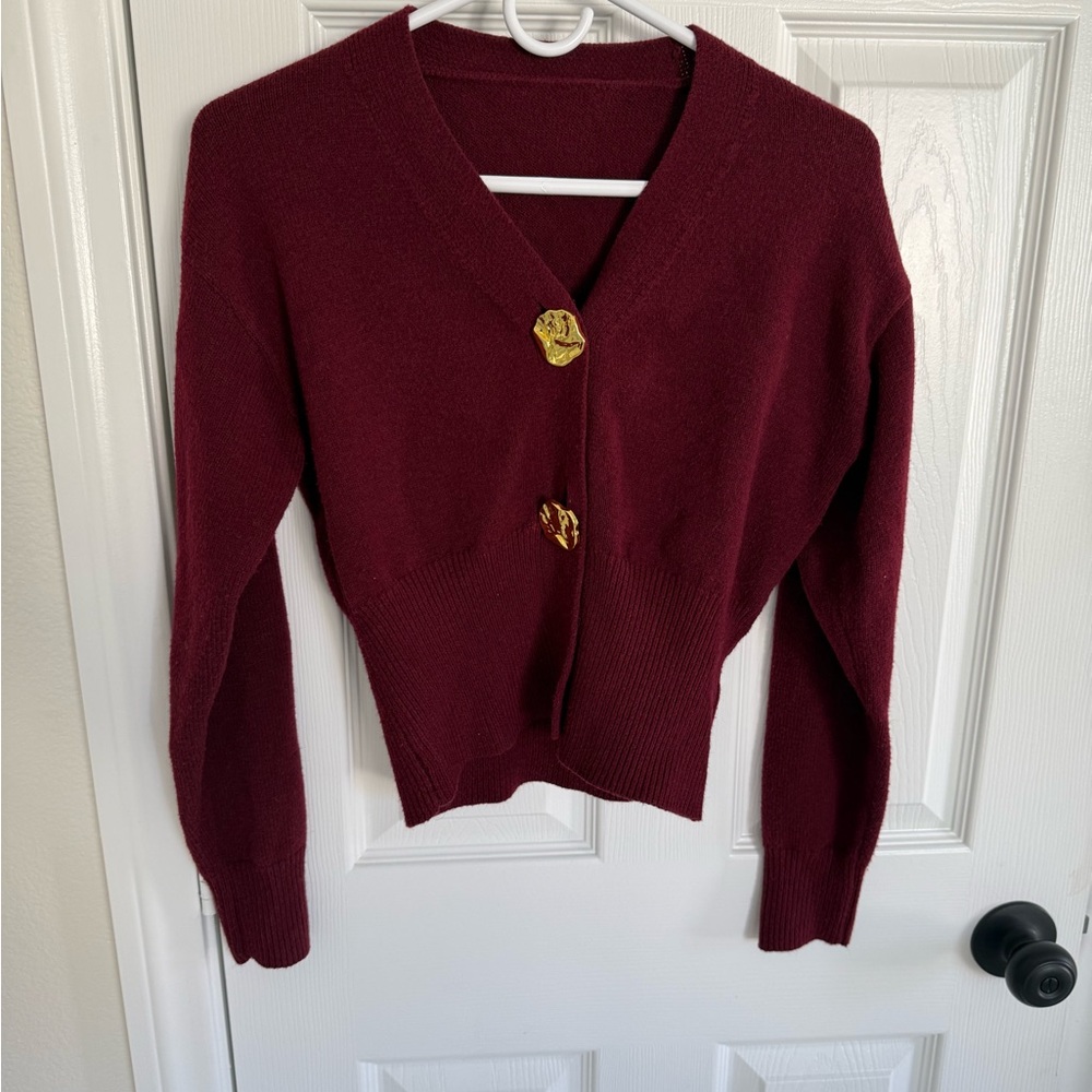 Women's V-Neck Burgundy Cardigan Sweater with Gold Buttons